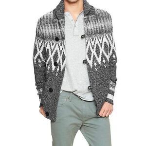 Men's Gap Chunky Jacquard Shawl Cardigan Sweater Lambs Wool Size‎ Small